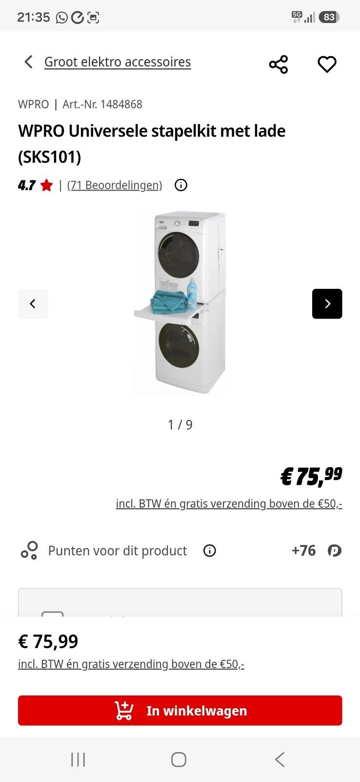 universele stapelkit voor wasmachine en droogkast, Ophalen, Zo goed als nieuw