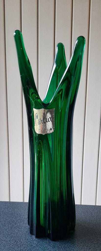 Vase vintage en cristal/verre vert Carlux-Mid-Century, Antiquités & Art, Enlèvement ou Envoi