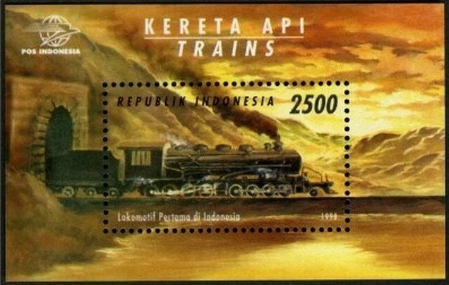 Indonésie 1998, bloc-feuillet sur le thème des trains, Miche, Envoi, Non oblitéré, Trains