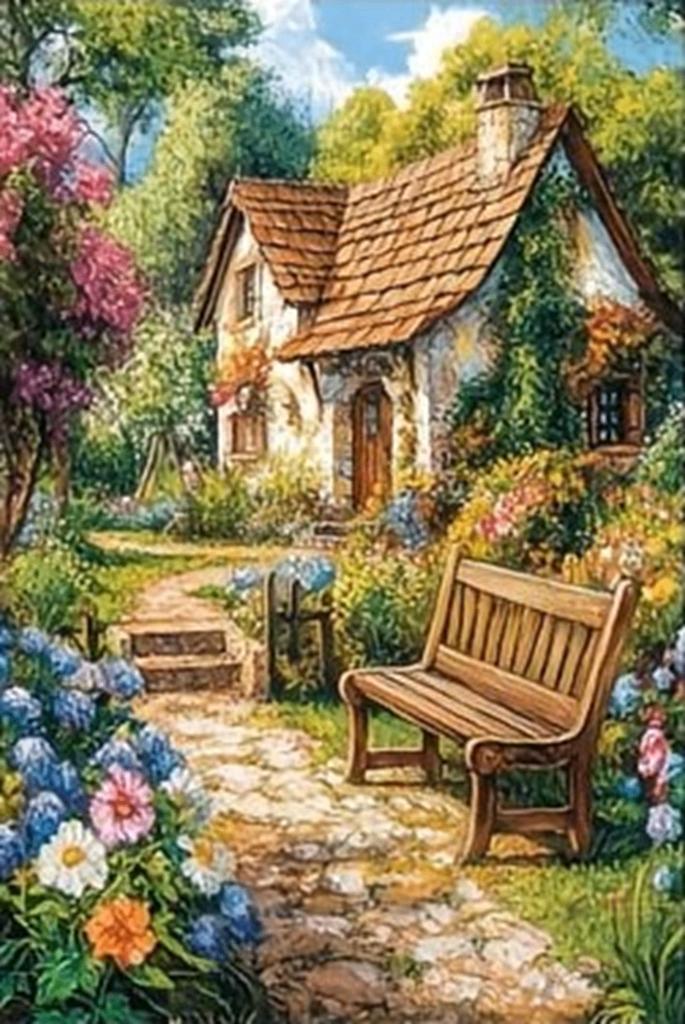 nr 674 Diamond Painting landhuisje met tuin 40x30cm (rond), Verzenden, Nieuw, Meerkleurig, Overige materialen