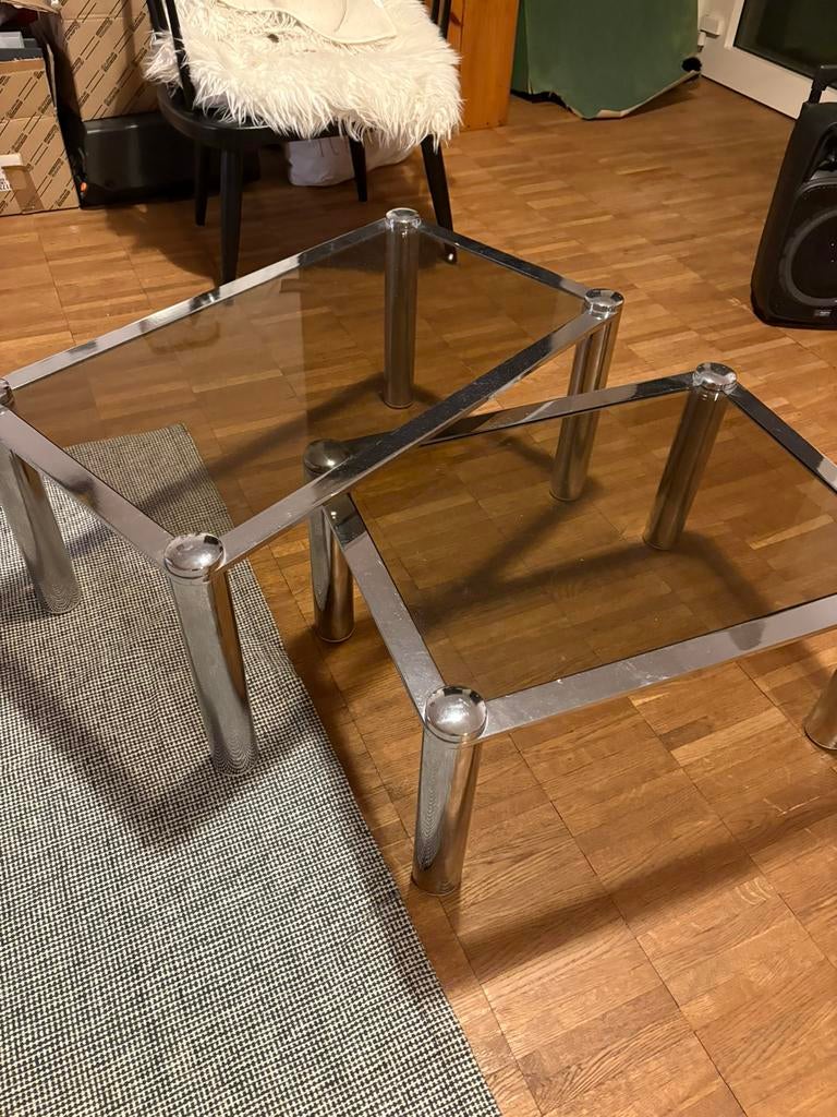 Chrome vintage bijzettafeltjes, Ophalen, Zo goed als nieuw, Glas, Vintage