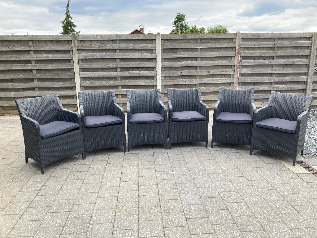6 grijze tuinstoelen + kussens, Jardin & Terrasse, Chaises de jardin, Enlèvement, Comme neuf, Synthétique, Empilable