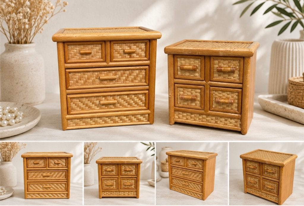 Set van 2 vintage bamboe/rotan mini sieradenkistjes, Ophalen of Verzenden