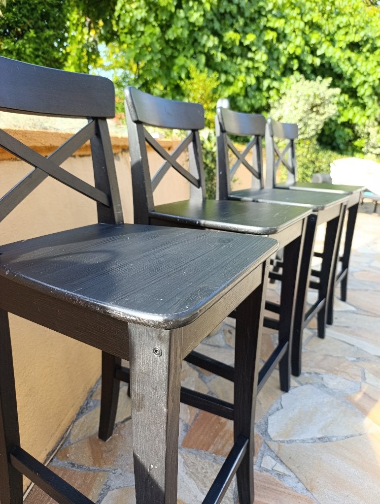 4 Chaises de bar noires, Maison & Meubles, Tabourets de bar, Enlèvement, Utilisé, Bois, Avec repose-pieds