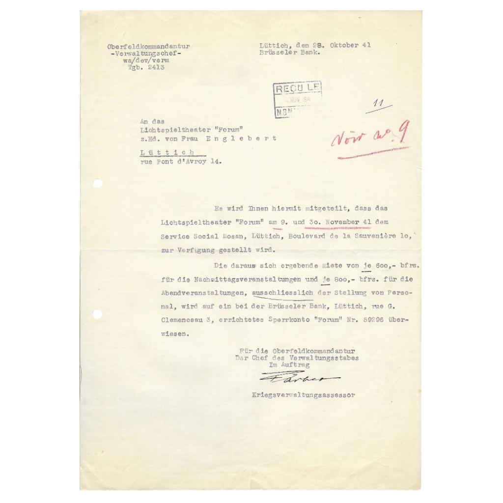 Duits Document - Huur Theater 'Forum' Luik 1941, Ophalen of Verzenden, Landmacht, Overige typen