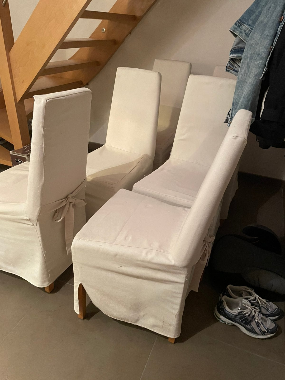 Set van 6 eetkamerstoelen met overtrek, goede staat!, Ophalen, Gebruikt, Wit, Vijf, Zes of meer stoelen