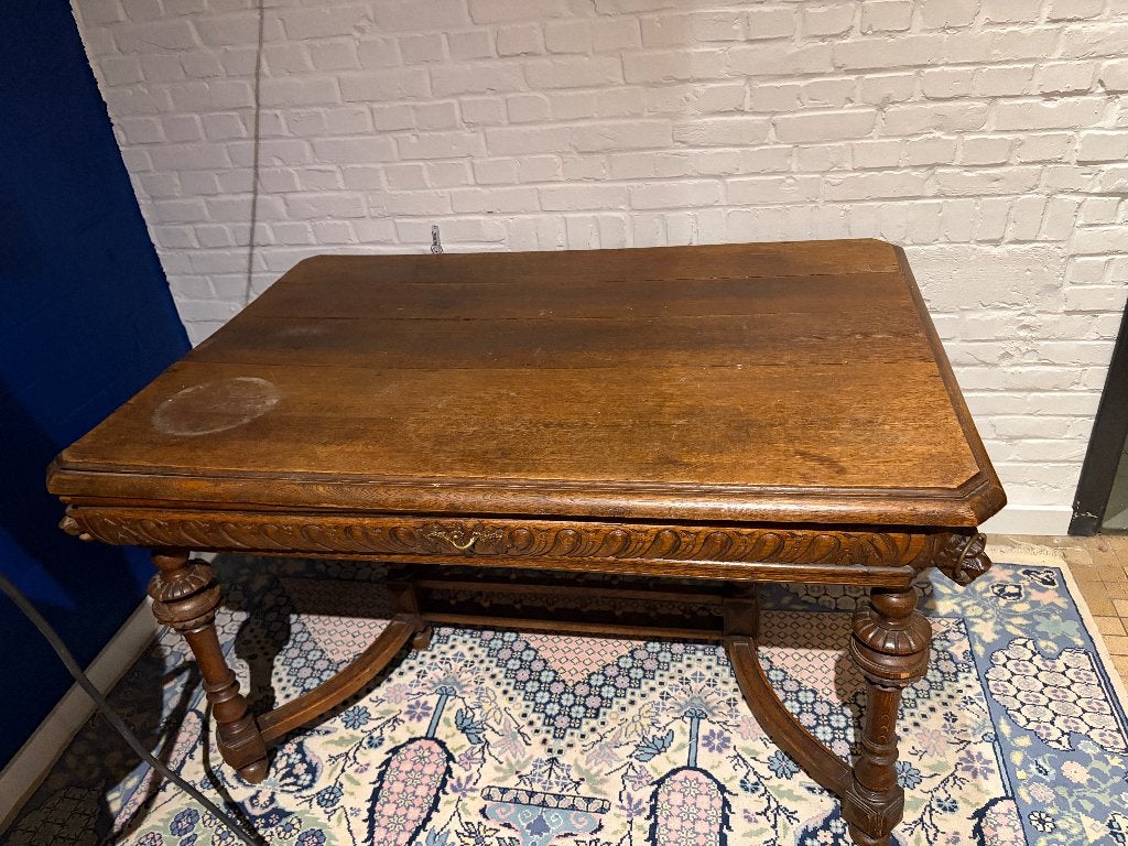 Antieke eiken bureautafel / bibliotheektafel met leeuwenkopp, Antiek en Kunst, Antiek | Meubels | Kasten, Ophalen