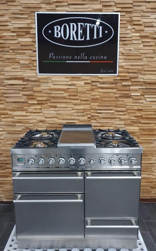 Luxe Boretti Quadra Fornuis 100cm RVS  3 ovens ! Frytop, Gaz, Classe énergétique A ou plus économe, Gril, Comme neuf