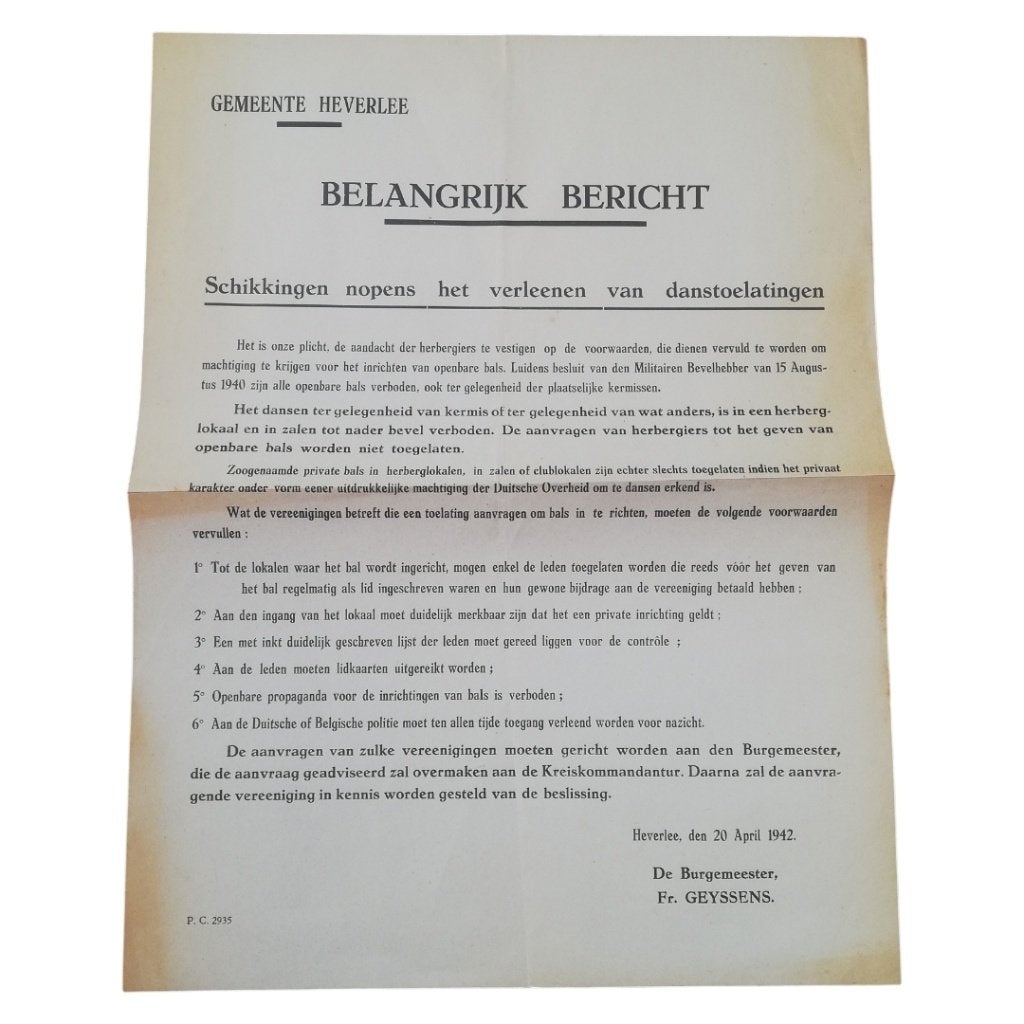 Belgische Affiche – Gemeente Heverlee: Danstoelatingen 1942, Verzamelen, Militaria | Tweede Wereldoorlog, Ophalen of Verzenden