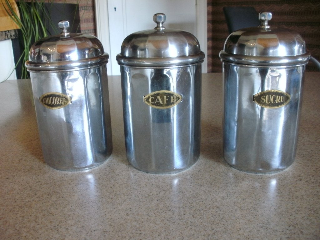3 vintage keukenblikken, Ophalen, Gebruikt, Metaal, Vintage