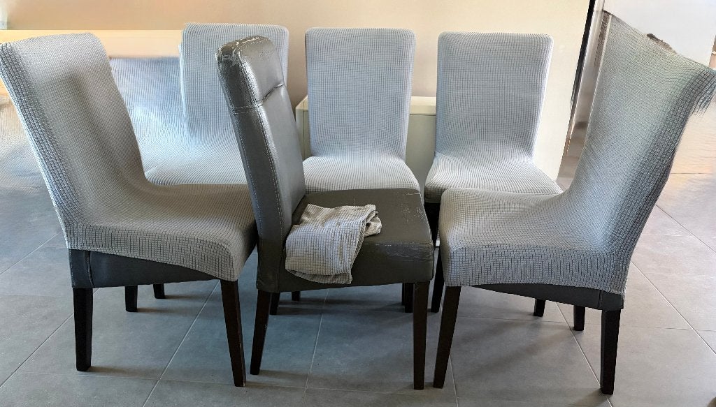 Chaises de salle à manger + housses, quantité : 6, Huis en Inrichting, Stoelen, Ophalen, Gebruikt, Leenbakker, Hout