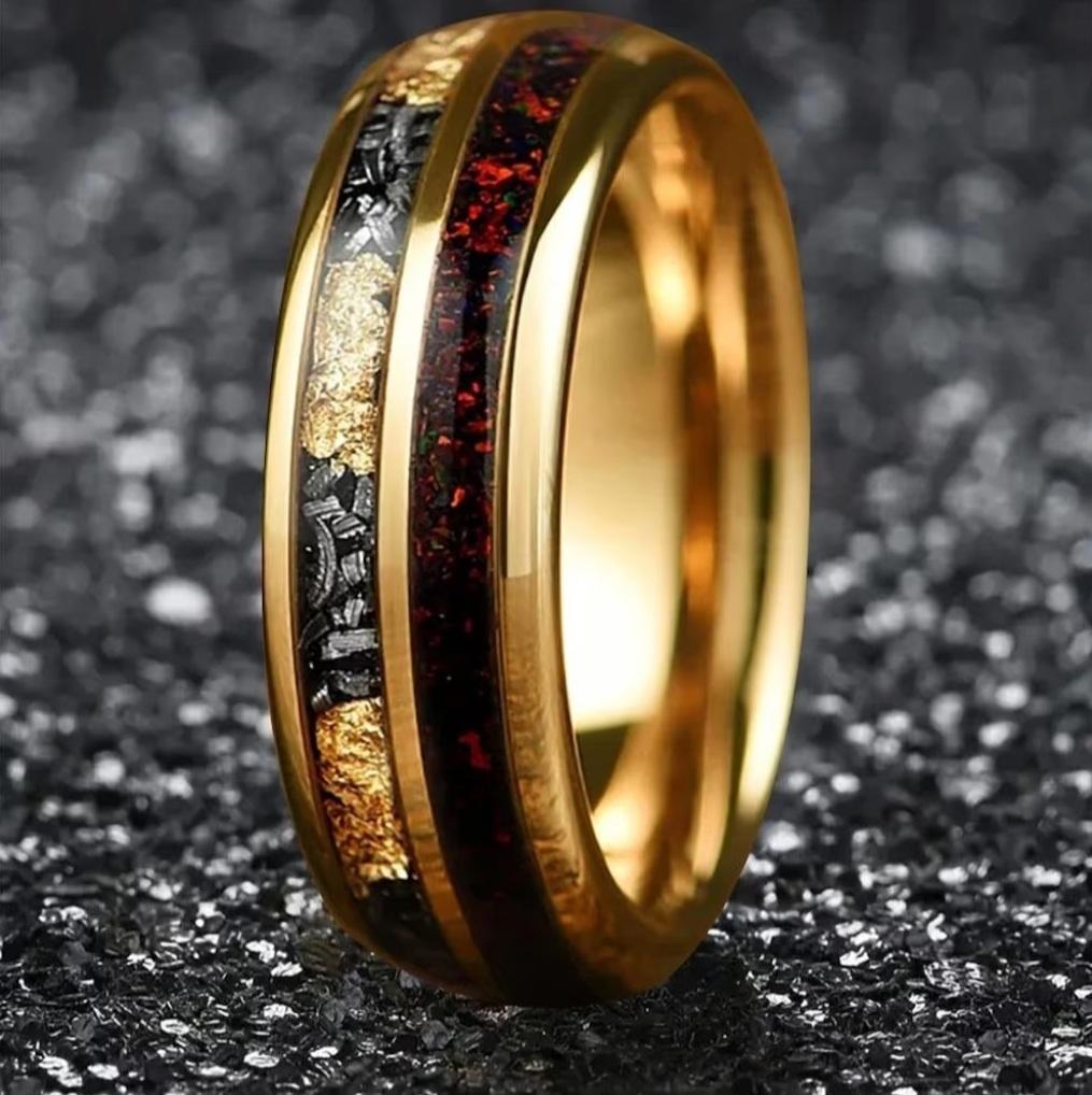 Trouwringen wolfraam met rood Opaal en goud kleur - Vince, Overige materialen, Overige kleuren, Verzenden, Nieuw