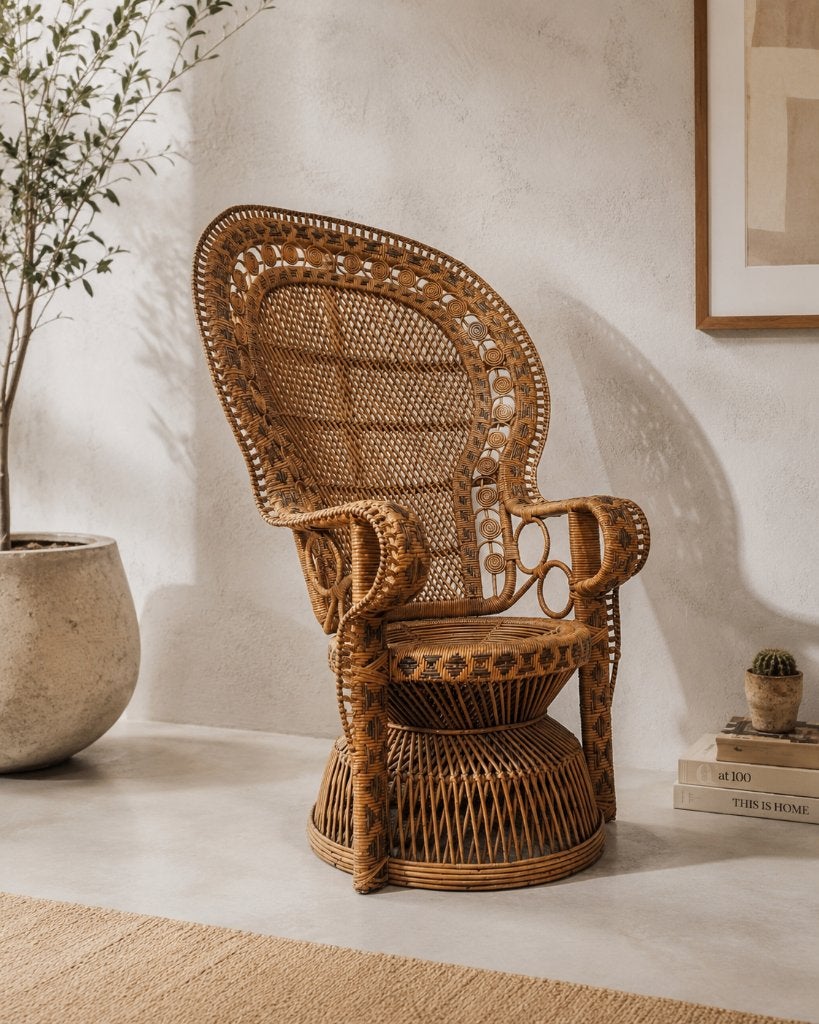 Vintage fauteuil met pauw in rotan - jaren 70, Ophalen