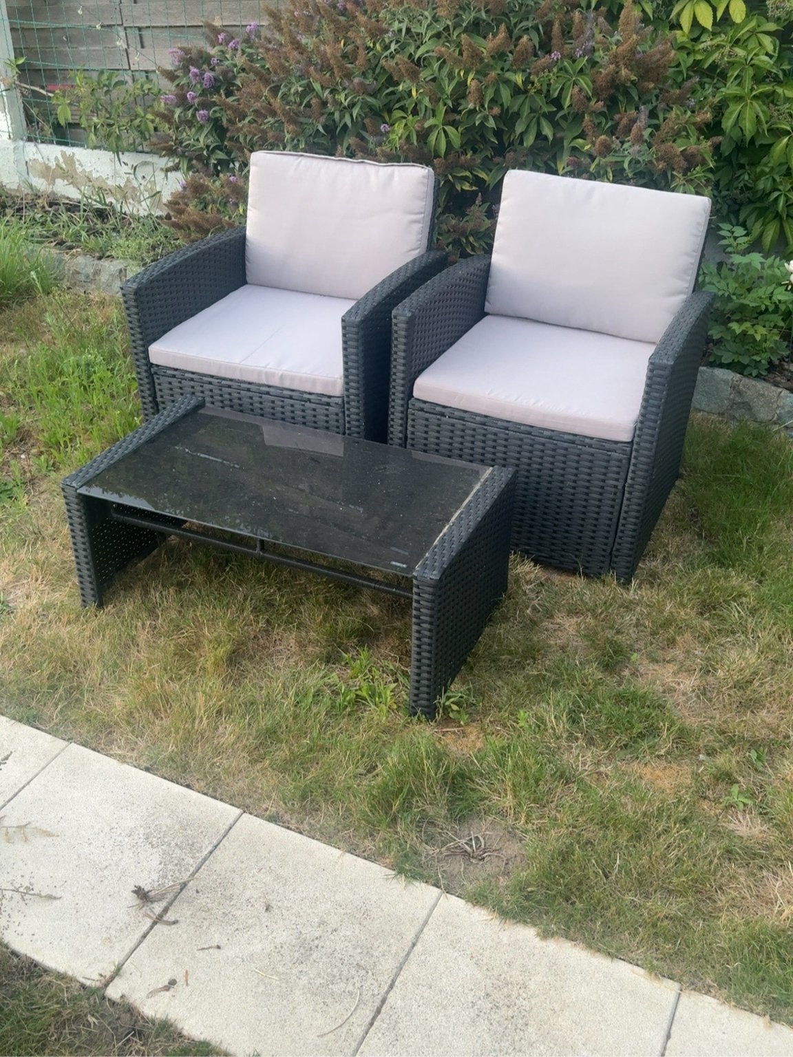 4-delige loungeset in wicker met kussens en glazen tafel, Ophalen, Zo goed als nieuw, Wicker, Loungeset