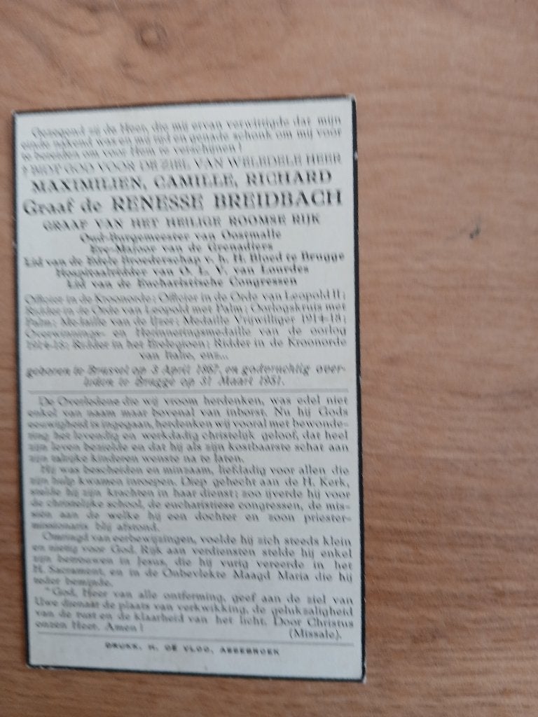 graaf de renesse oud-burgemeester van oostmalle overl 1951, Verzamelen, Ophalen of Verzenden, Bidprentje