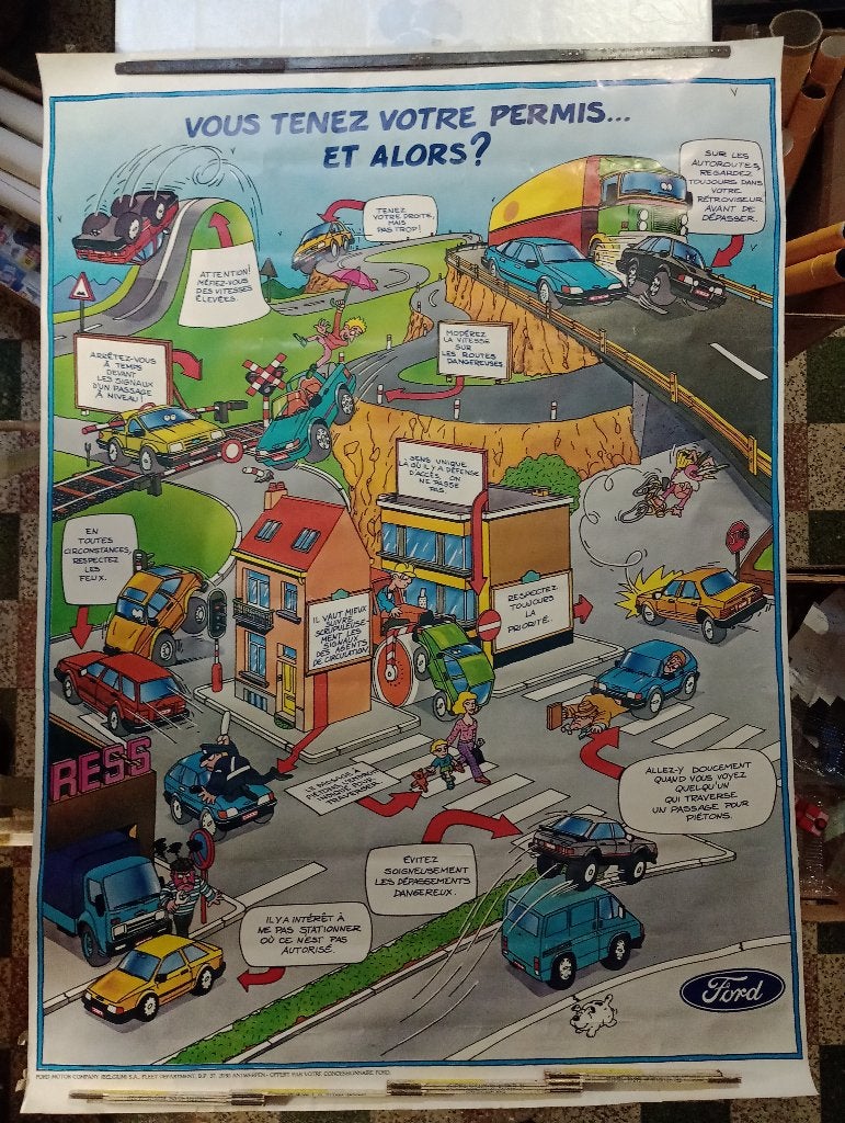 Ford vintage humoristische poster, rijbewijs, 100x140, Verzamelen, Ophalen of Verzenden