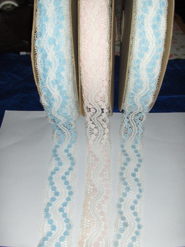 Dentelle nylon bleu azur,bleu ciel et rose(+ou- 220mx3cm), Enlèvement ou Envoi, Neuf, Dentelle