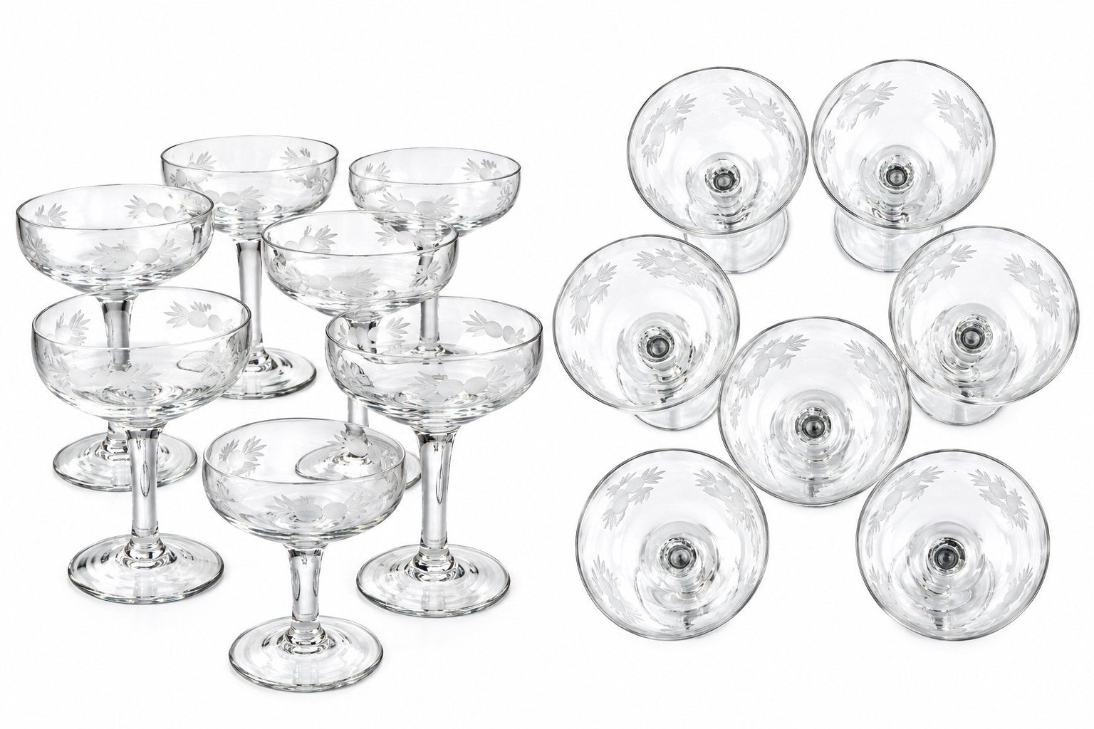 Vintage champagne-/coupglazen – 7 stuks –  bloemmotief, Tuin en Terras, Ophalen, Zo goed als nieuw