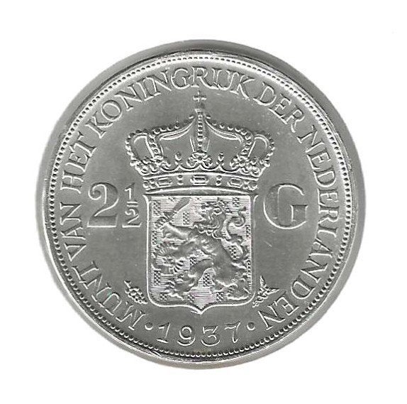 Nederland, 2 1/2 Gulden 1937., Zilver, Ophalen of Verzenden, Koningin Wilhelmina, Losse munt