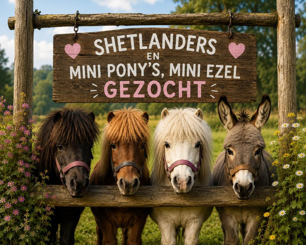 GEZOCHT: lieve, shetlandponys, mini pony’s, mini ezels, Dieren en Toebehoren, Pony's, Meerdere dieren, Niet van toepassing, A pony (tot 1.17m)