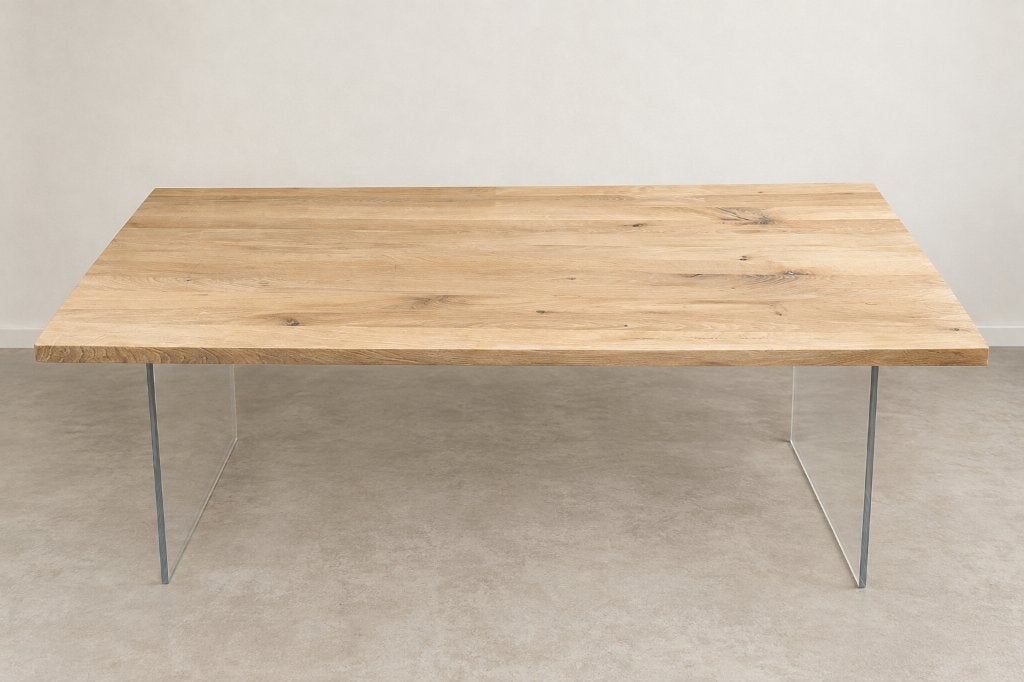 Table basse en chêne massif avec pied en poly carbonate mou, Maison & Meubles, 100 à 150 cm, Enlèvement, 50 à 100 cm, Rectangulaire