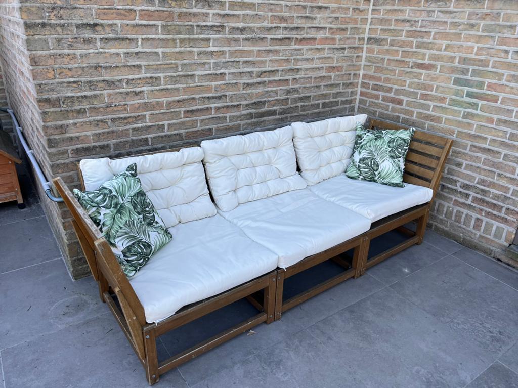 Houten loungeset, Tuin en Terras, Tuinsets en Loungesets, Ophalen, Gebruikt, 3 zitplaatsen, Loungeset