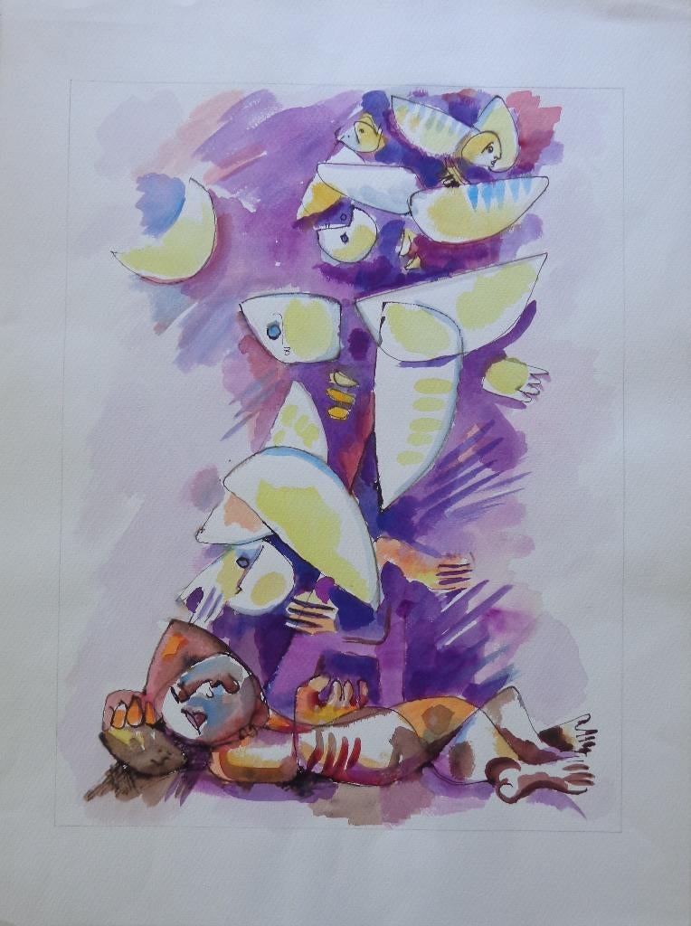 JOEL KASS / TOTEMFIGUUR / ORIGINEEL WERK / 76x56cm, Antiquités & Art, Art | Peinture | Moderne, Enlèvement ou Envoi, Signé, Aquarelle