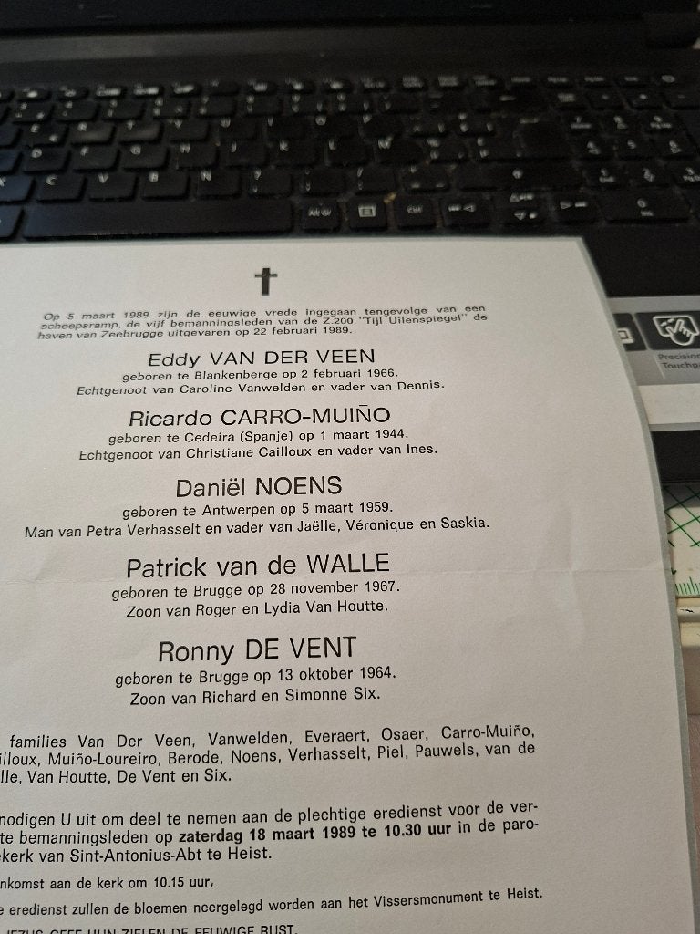 DOODSBRIEF SCHEEPSRAMP 1989 MET 5 SLACHTOFFERS, Verzenden, Zo goed als nieuw