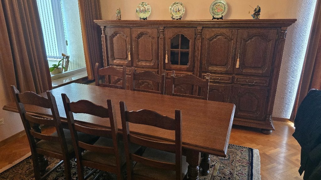 Eiken eetkamer met 2 kasten, tafel en 6 stoelen, Enlèvement, Utilisé, 4 à 6 chaises