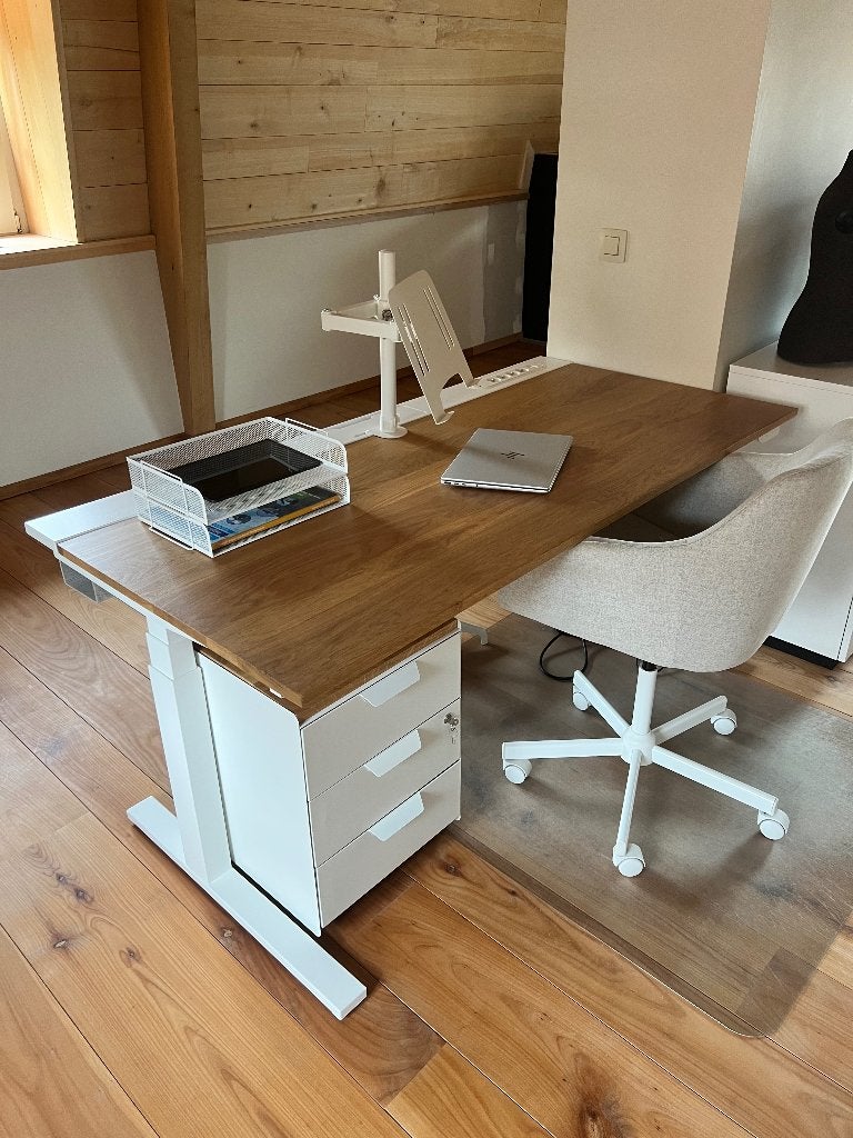 Automatische zit sta bureau met vol eiken blad, Maison & Meubles, Bureaux, 160 cm, Électrique, Comme neuf, Enlèvement