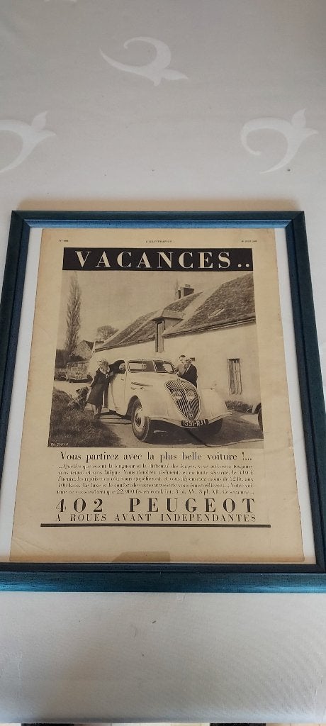 oude publiciteit van Peugeot 402 , ingekaderd,  20 juni 1936, Envoi, Utilisé, Panneau publicitaire