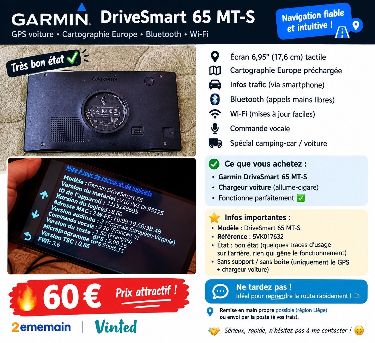 Garmin DriveSmart 65 MT-S GPS 6,95" – Fonctionne parfaitemen, Enlèvement ou Envoi, Utilisé