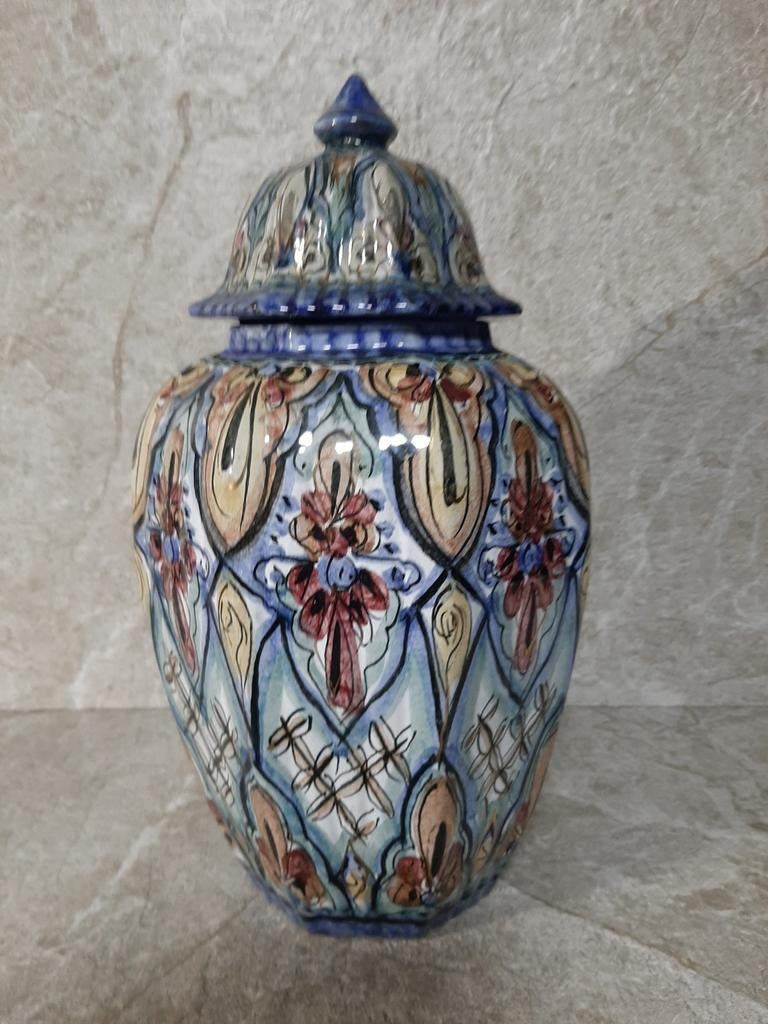 Vintage handgeschilderd dekselvaas gesigneerd 38 cm hoog, Ophalen of Verzenden