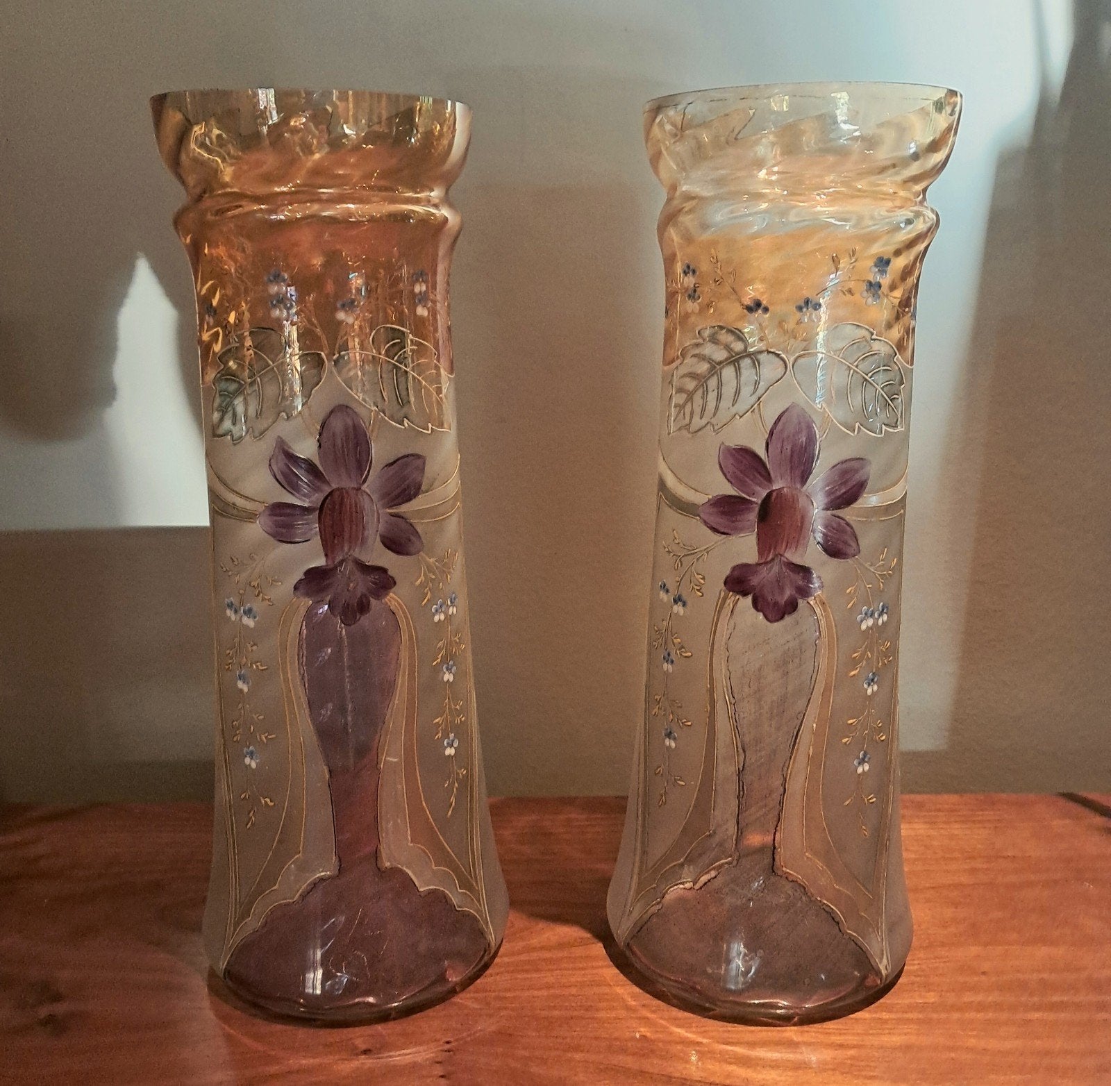 Prachtig koppel geëmailleerde Art Nouveau vazen 1890/1914, Ophalen of Verzenden