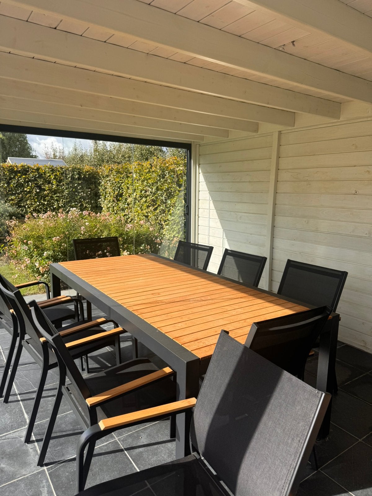 Luxe uitschuifbare teakhouten tafel + 10 stoelen, Tuin en Terras, Ophalen, Aluminium, Tuinset