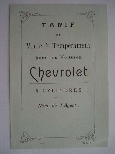 Chevrolet 6 cylindres Tarif vente à tempérament Brochure Cat, Envoi, Comme neuf, Chevrolet