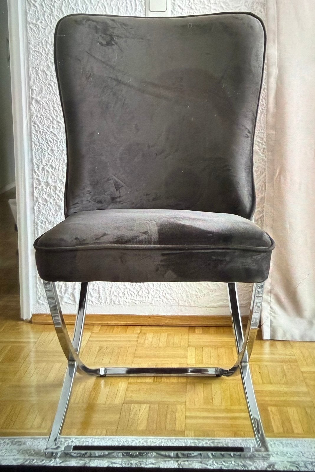 6 elegante stoelen te koop - fluweel & chroom frame, Ophalen, Zo goed als nieuw, Metaal, Grijs