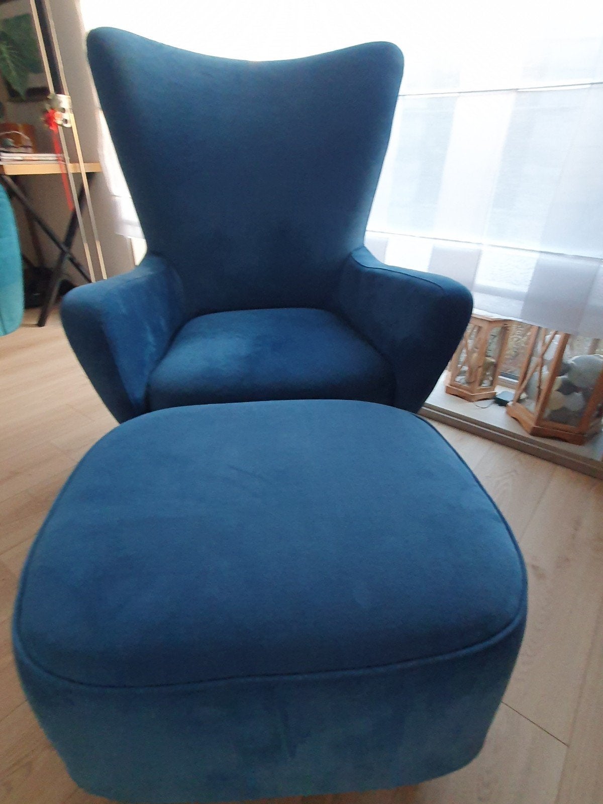 Blauwe zetel met poef, Ophalen, 75 tot 100 cm, Zo goed als nieuw, 75 tot 100 cm
