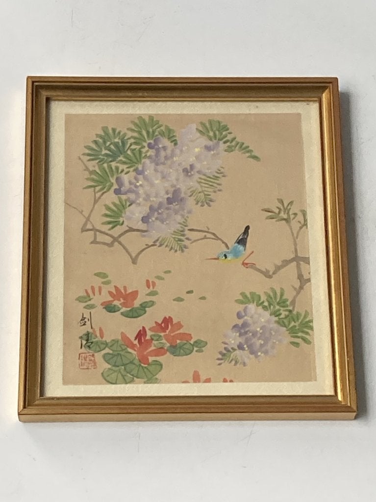Peinture sur soie signée Jiantao (剑涛) • Encadrée, Antiquités & Art, Art | Peinture | Moderne, Animaux, Autres techniques, Verre