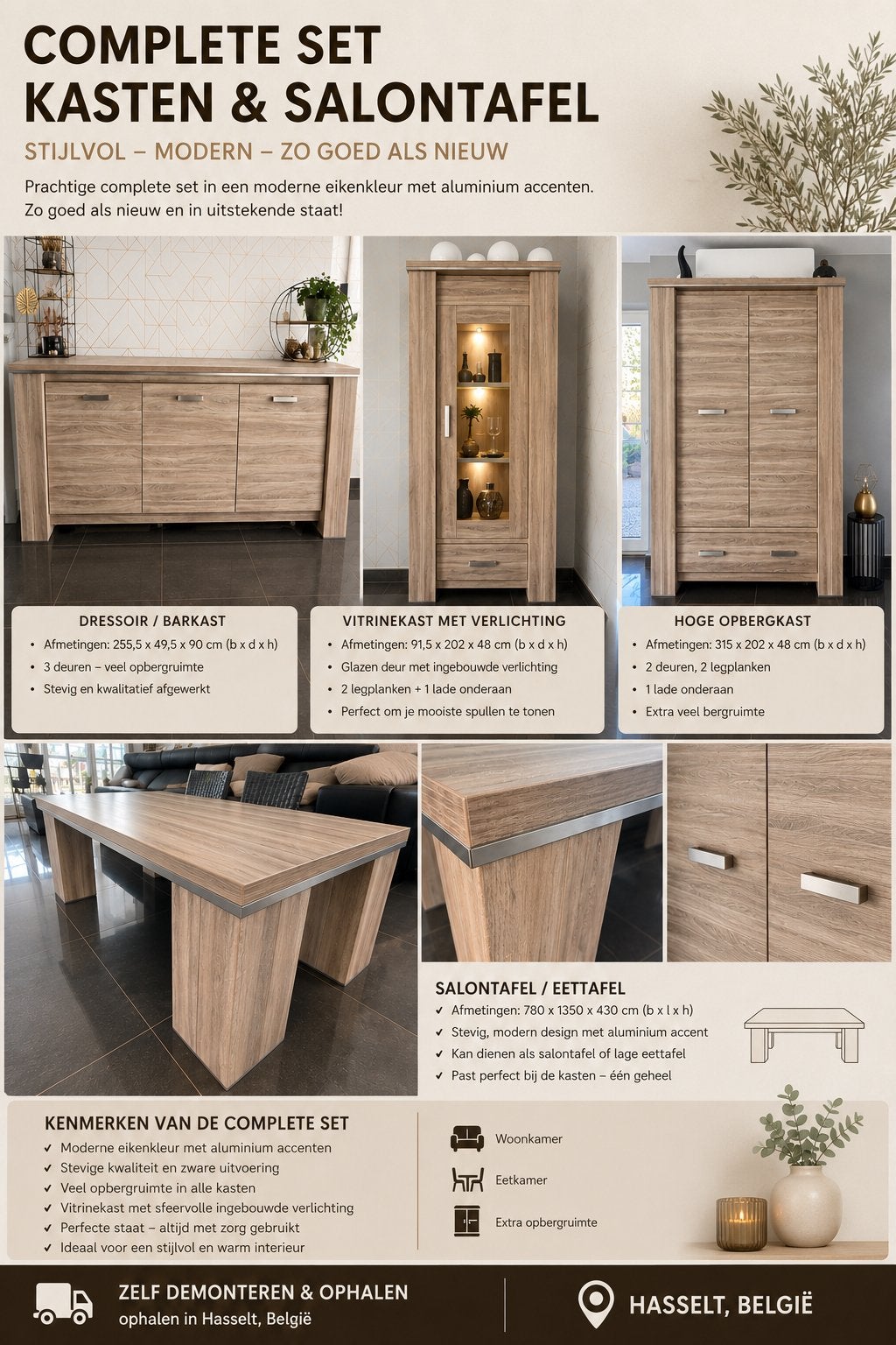 Complete set kasten & salontafel - Modern eikenkleur, Ophalen