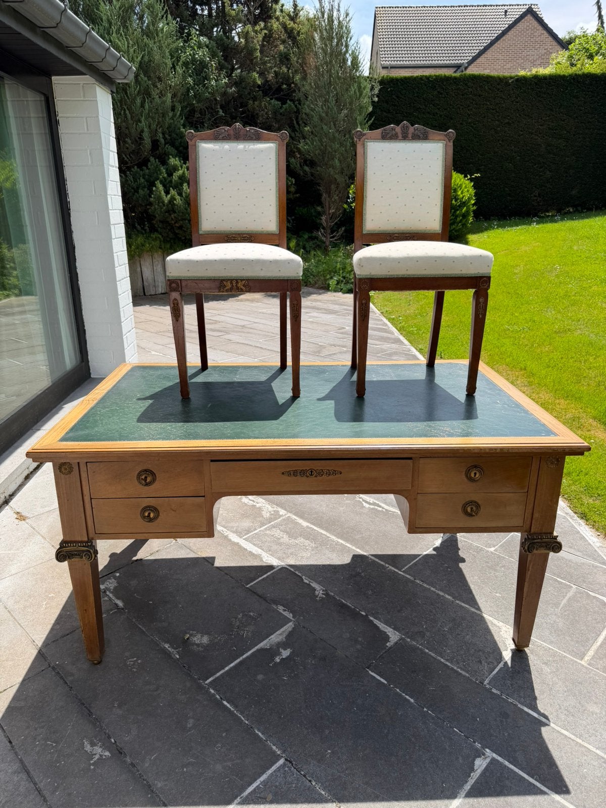Groot dubbelzijdig bureau in Empire-stijl + 2 stoelen, Antiek en Kunst, Ophalen