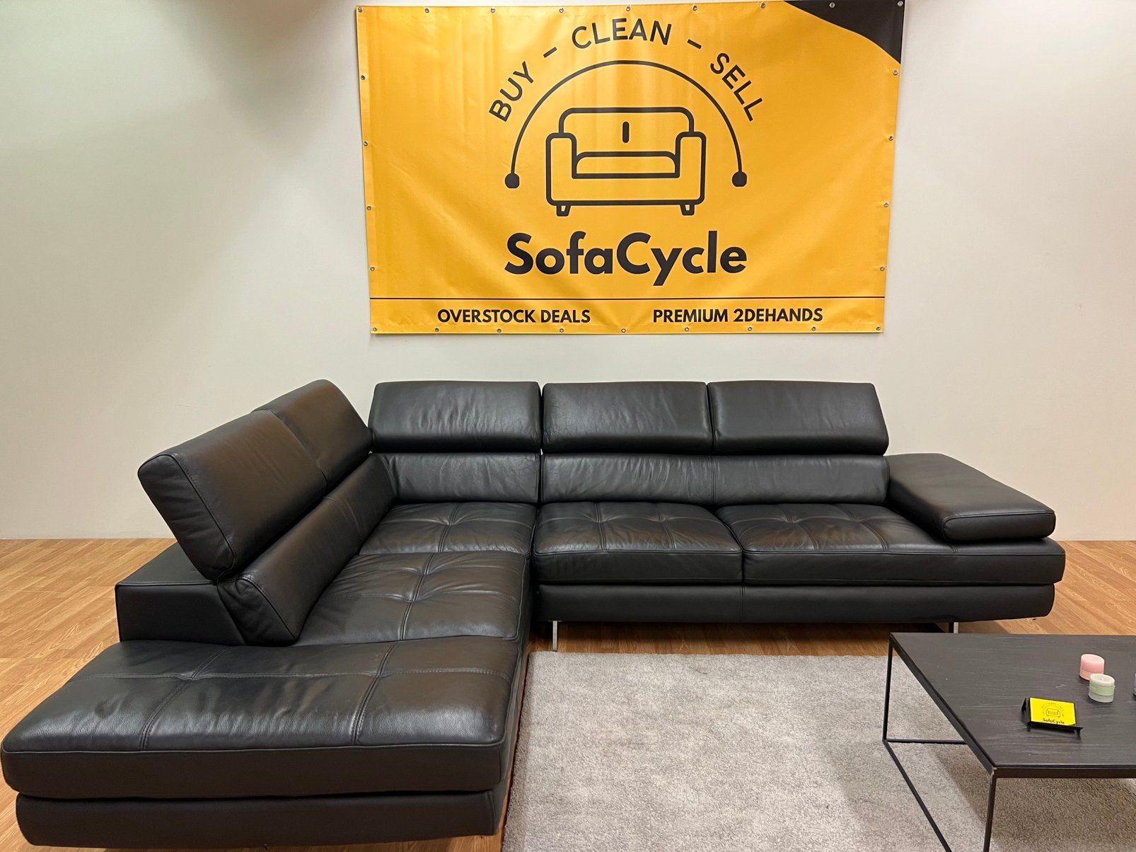 Siège d'angle noir -Cuir véritable - Appuie-têtes modulaires, Enlèvement ou Envoi, Comme neuf, SofaCycle, Info@sofacycle.be