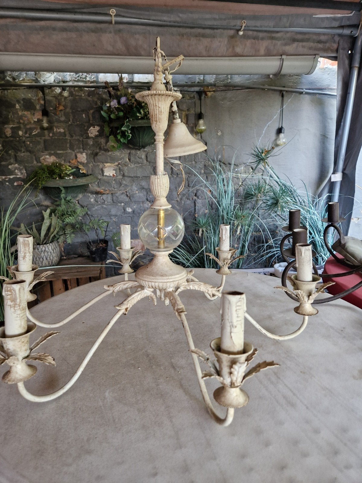 vintage 5 armige metalen kroonluchter, Huis en Inrichting, Lampen | Kroonluchters, Ophalen, Gebruikt, Metaal, E14 (klein)
