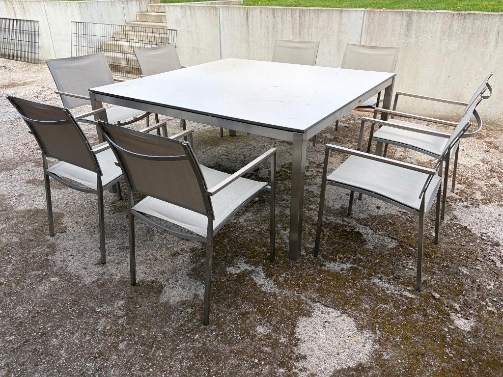 Tuintafel 150 cm x 150 cm + 8 stoelen BRISTOL, Ophalen, Gebruikt, Vierkant, Rvs