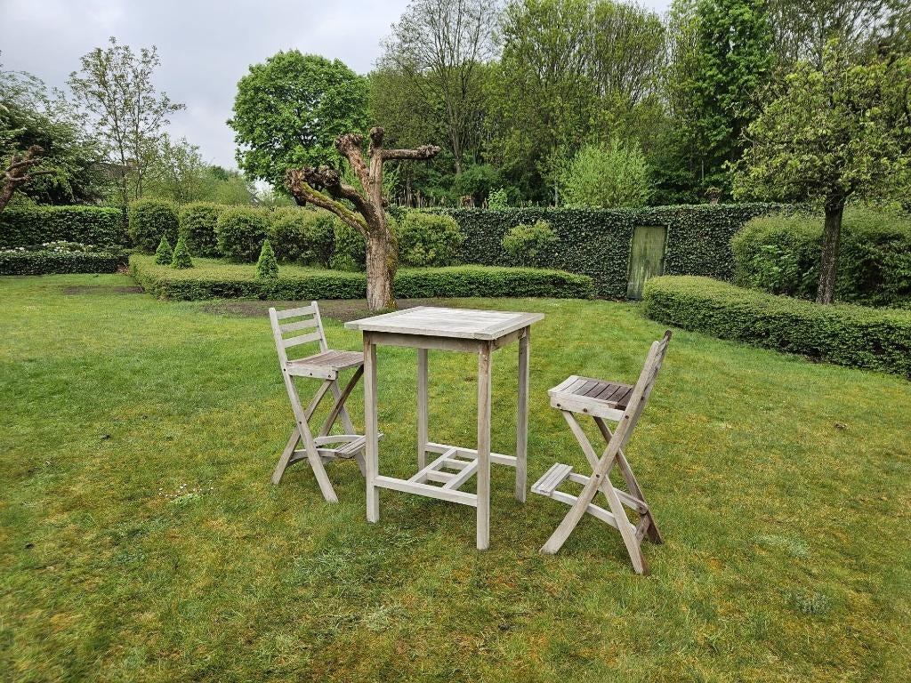 Bristol teak hoge tuintafel met 2 krukken, Tuin en Terras, Ophalen, Zo goed als nieuw