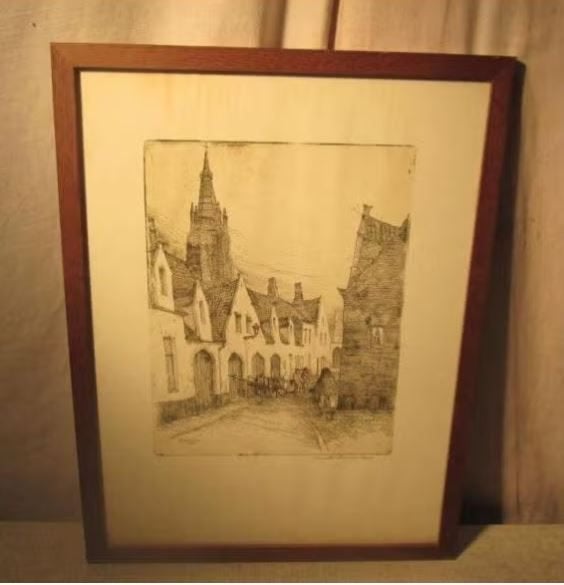 Belle gravure ancienne « Dans la ville » - Dousselaere, Antiquités & Art, Enlèvement ou Envoi, Vie quotidienne, Gravure, Encadré