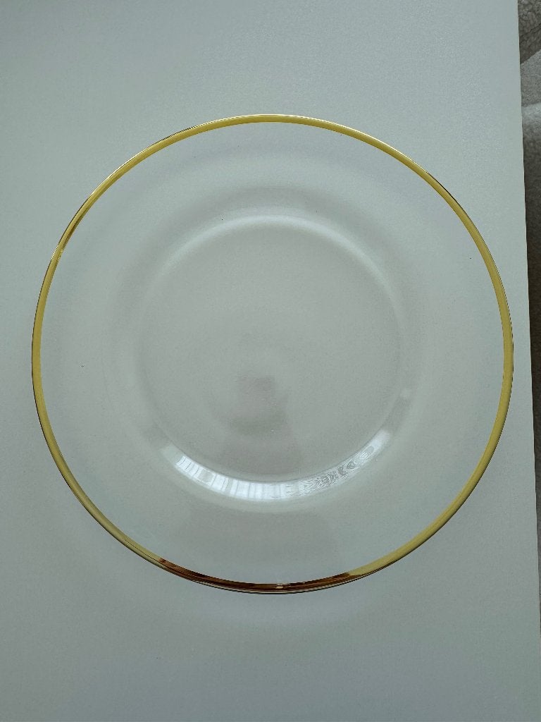 8 assiettes en verre transparent et doré, Assiettes(s), Comme neuf, Verre, Enlèvement