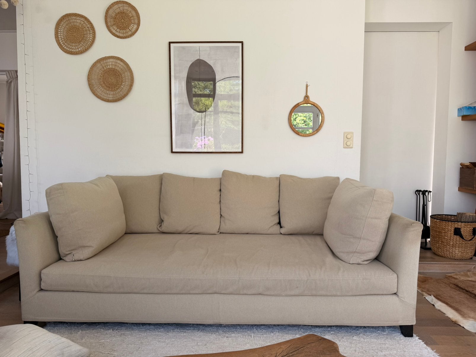 Canapé 4 places en lin beige – très confortable et profond, Ophalen, Gebruikt, Rechte bank, Stof