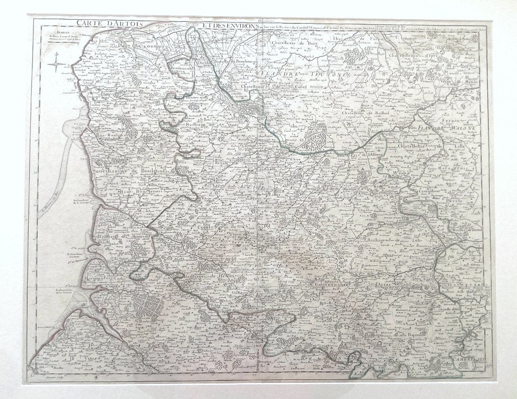 Gravure parfaitement encadrée 1711 : Artois-Delisle/Derosier, 68 cm, Cartographie, Gravure, Encadré