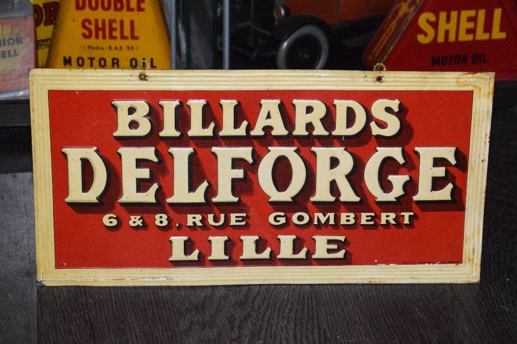Zeldzaam reclamebord billards Delforge 1910 1920, Verzamelen, Ophalen of Verzenden, Gebruikt, Reclamebord
